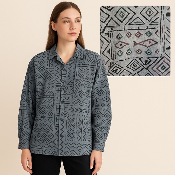 Vintage Tops - CENTRAL FALLS Blue Cotton Geometric Fish Print Vintage Button Down Shacket M